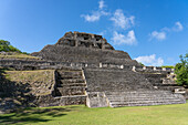 El Castillo, Structure 6, with the stairway of Structure 32 in front in the Xunantunich Archeological Reserve in Belize.\n