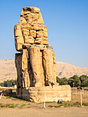 Seated statue, one of the Colossi of Memnon, near the Valley of the Kings, where for a period of 500 years rock tombs were excavated for pharaohs, UNESCO World Heritage Site, Thebes, Egypt, North Africa, Africa\n