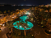 Night at the Kempinski Hotel Ishtar, a five-star luxury resort by the Dead Sea inspired by the Hanging Gardens of Babylon, Jordan, Middle East\n