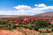 View of the fortified old village and surrounding mountains, Telouet Kasbah High Atlas, Morocco, North Africa, Africa\n