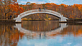 A bowed Hakamagoshi Bridge on Lake Onuma on a vibrant autumn day, Hokkaido, Japan, Asia\n