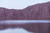 Sanftes violettes Abendlicht an einem See im Spätherbst, in dem sich ein Waldhang spiegelt, Toya-See, Shikotsu-Toya-Nationalpark, Abuta, Hokkaido, Japan, Asien