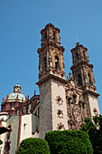 Churrigueresque Style Towers, Church of Santa Prisca de Taxco, founded 1751, UNESCO World Heritage Site, Taxco, Guerrero, Mexico, North America\n