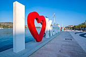 I Love Kefalonia sign in Argostoli, capital of Cephalonia, Argostolion, Kefalonia, Ionian Islands, Greek Islands, Greece, Europe\n