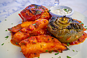 Stuffed peppers and roast vegetables in Assos, Assos, Kefalonia, Ionian Islands, Greece, Europe\n