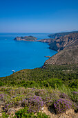 View of coastline, sea and Assos from near Agkonas, Kefalonia, Ionian Islands, Greek Islands, Greece, Europe\n