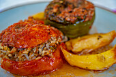 Yemista Greek stuffed peppers, Skala, Kefalonia, Ionian Islands, Greek Islands, Greece, Europe\n