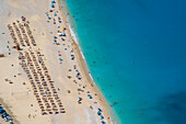 Aerial view of Myrtos Beach, coastline, sea and hills near Agkonas, Kefalonia, Ionian Islands, Greek Islands, Greece, Europe\n