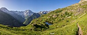 France, Hautes Alpes, national park of Ecrins, valley of Valgaudemar, La Chapelle en Valgaudemar, lake Lauzon (2008m) and Sirac (3441m) in the background\n