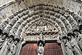 France, Eure et Loir, Chartres, Notre Dame cathedral listed as World Heritage by UNESCO, south portal, central bay, tympanum, the Last Judgment, trumeau, Christ blessing\n