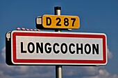 France, Jura, Longcochon, village entrance sign, pigs, toys\n