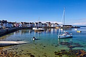 France, Finistere, Ile de Sein, sailboats at anchor in the port at high tide in front of the quai des Français Libres\n