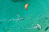 France, Caribbean, Lesser Antilles, Guadeloupe, Grande-Terre, Saint-François, aerial view of the lagoon, windsurfing and kite surfing\n