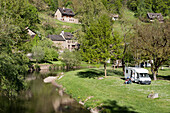 France, Aveyron, Belcastel, labeled the Most Beautiful Villages of France, River Aveyron, Municipal Camping Le Bourg, camping car\n