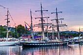 France, Seine Maritime, Rouen, Armada 2019, Belem, three masted schooner, docking at sunrise\n