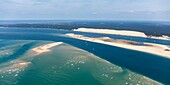 France, Gironde, La Teste de Buch, Arguin sandbank and the Pilat Great Dune (aerial view)\n