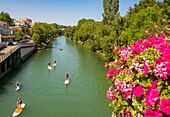 France, Val de Marne, Joinville le Pont, the edges of Marne, surf paddle, Fanac island on the right\n