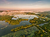 Frankreich, Somme, Tal der Somme, Long, die Sümpfe der Somme bei Long am frühen Morgen, das Tal der Somme noch neblig (vue aérienne)