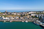 France, Manche, Cotentin, Granville, the Upper Town built on a rocky headland on the far eastern point of the Mont Saint Michel Bay, the fishing port and the Notre Dame du Cap Lihou (aerial view)\n