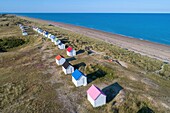 France, Manche, Cotentin, Gouville sur Mer, beach cabins (aerial view)\n