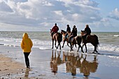 France, Calvados, Pays d'Auge, Deauville, the beach, horseback riding along the sea\n