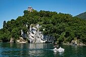 France, Savoie, Lake Bourget, Aix les Bains, Riviera of the Alps, Chautagne, Chatillon castle dominates the lake and the leisure boats\n