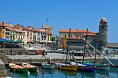 France, Pyrenees Orientales, Collioure, marina with Notre Dame des Anges church from the 17th century in the background\n