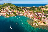 Guadeloupe, Les Saintes, Terre de Haut, the bay of the town of Terre de Haut, listed by UNESCO among the 10 most beautiful bays in the world (aerial view)\n