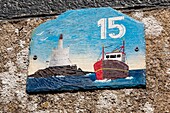 France, Morbihan, Auray, Saint-Goustan harbor, rue des Moineaux, marine style house plaque\n