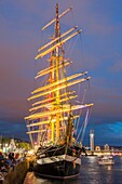 France, Seine Maritime, Rouen, Armada 2019, night reflection of the Kruzenshtern (four masted schooner) on the Seine River\n
