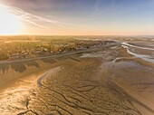 France, Somme, Bay of the Somme, Le Crotoy, the Bay of Somme at low tide in the early morning, overlooking Le Crotoy (aerial view)\n