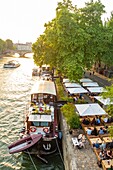 France, Paris, area listed as World Heritage by UNESCO, Rives de Seine Park, Quai de l'Hotel de Ville, the Marcounet barge\n