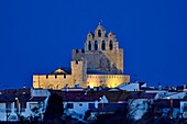 France, Bouches du Rhone, Camargue, Saintes Maries de la Mer, church illuminated by night\n