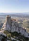 France, Aude (11), the Cathar castle of Quéribus (aerial view)\n