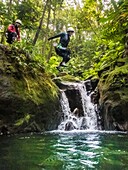 France, Caribbean, Lesser Antilles, Guadeloupe, Basse-Terre, Gourbeyre, canyoning on the blue basin trail\n