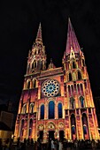 France, Eure et Loir, Chartres, Notre Dame cathedral listed as World Heritage by UNESCO, illuminations during Chartres en Lumieres, west facade\n