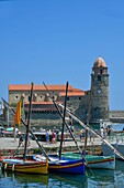 France, Pyrenees Orientales, Collioure, marina with Notre Dame des Anges church from the 17th century in the background\n