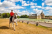 Frankreich, Oise, Chantilly, Chateau de Chantilly, die Grandes Ecuries (Große Ställe), Estelle, Reiter der Grandes Ecuries, führt sein Pferd auf spanischen Stufen vor dem Schloss