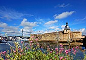 France, Finistere, Concarneau, flowerbed in front of the Ville Close, fortified city of the 15th and 16th centuries remodeled by Vauban in the 17th century\n