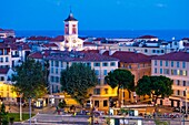 France, Alpes Maritimes, Nice, listed as World Heritage by UNESCO, Promenade du Paillon, Avenue Felix Faure, Clock Tower and the Mediterranean Sea in the background\n