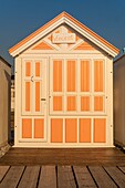 France, Somme, Cayeux sur Mer, The path boards in Cayeux sur Mer is the longest in Europe, it sports its colorful beach cabins with evocative names on nearly 2 km long on the pebble cord\n