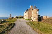 France, Cotes d'Armor, Pink Granite Coast, Perros Guirec, on the Customs footpath or GR 34 hiking trail, Ploumanac'h or Mean Ruz lighthouse\n