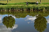 France, Territoire de Belfort, Bretagne, Rhone Rhine canal, Euroveloroute 6 track, from Nantes to Budapest, cyclists, reflections\n