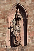 France, Haut Rhin, Kaysersberg, Place Jean Ittel, Sainte Croix church, portal dated 13th century, statue\n