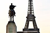 France, Paris, area listed as World Heritage by UNESCO, the Champ de Mars, the statue of Marshal Joffre and the Eiffel Tower\n