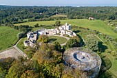 France, Pas de Calais, Condette, Hardelot Castle, Tudor style manor from the early twentieth century built on the foundations of a castle and Elizabethan theater entirely in wood designed by the architectural firm Andrew Todd (aerial view)\n