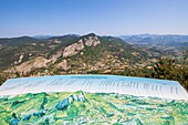 France, Hautes-Alpes, regional natural park of Baronnies Provencal, Orpierre, orientation table of the belvedere of the Rock of Saint-Michel, seen on the village surrounded by cliffs, climbing site\n