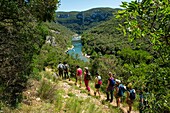 France, Ardeche, Reserve Naturelle des Gorges de l'Ardeche, Saint Remeze, accompanied hike with a guard of the Syndicat mixte de Gestion des Gorges de l'Ardeche\n