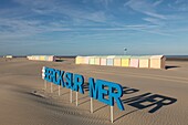 France, Pas de Calais, Berck sur Mer, beach huts and #berck sur mer installed on the beach\n