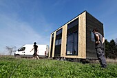 France, Finistere, Concarneau, experimentation of low-tech solutions in a tiny-house, two engineers (Pierre-Alain Leveque and Clement Chabot) built and live in a tiny-house (trailer-mounted micro-house) for test low-tech solutions\n